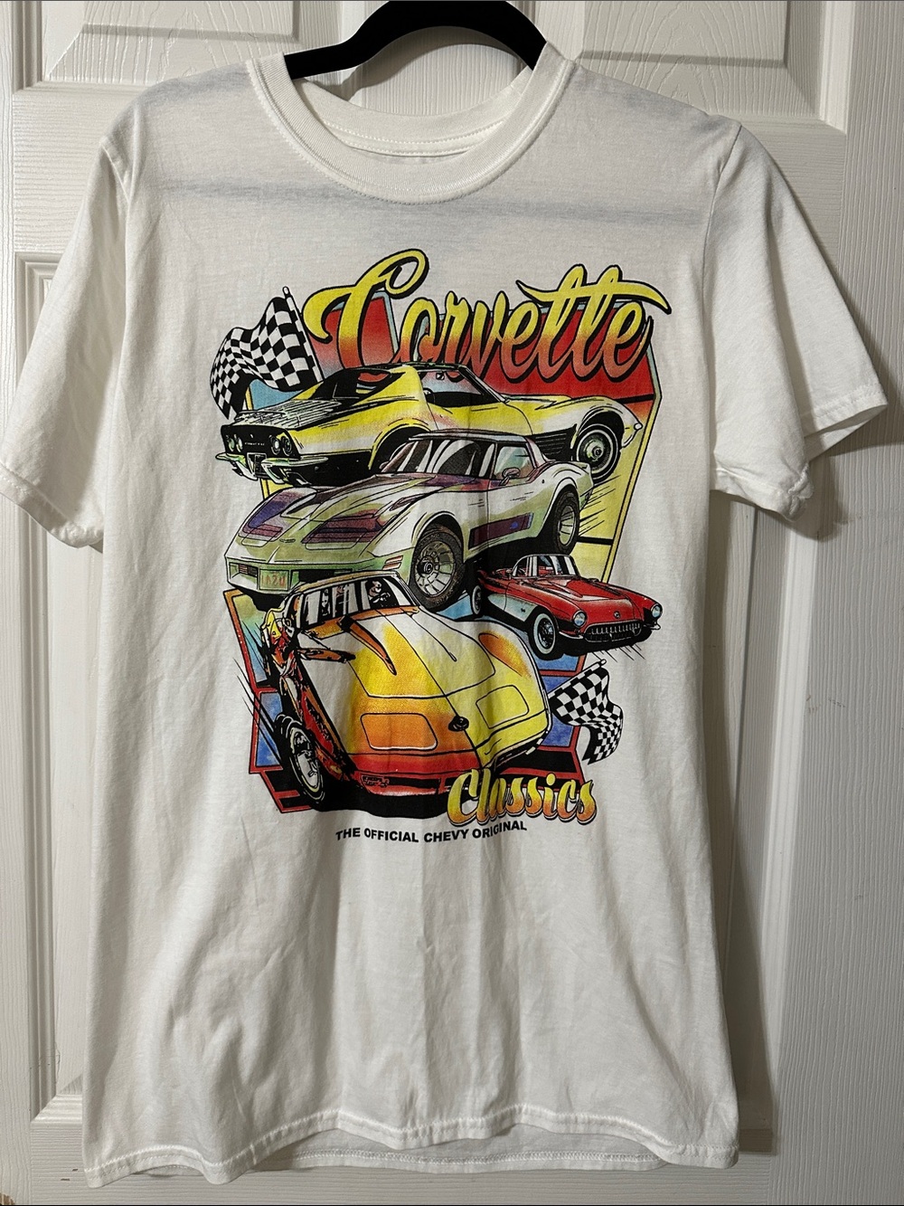Chemistry White Graphic Tee with Multicolor Corvette Illustration